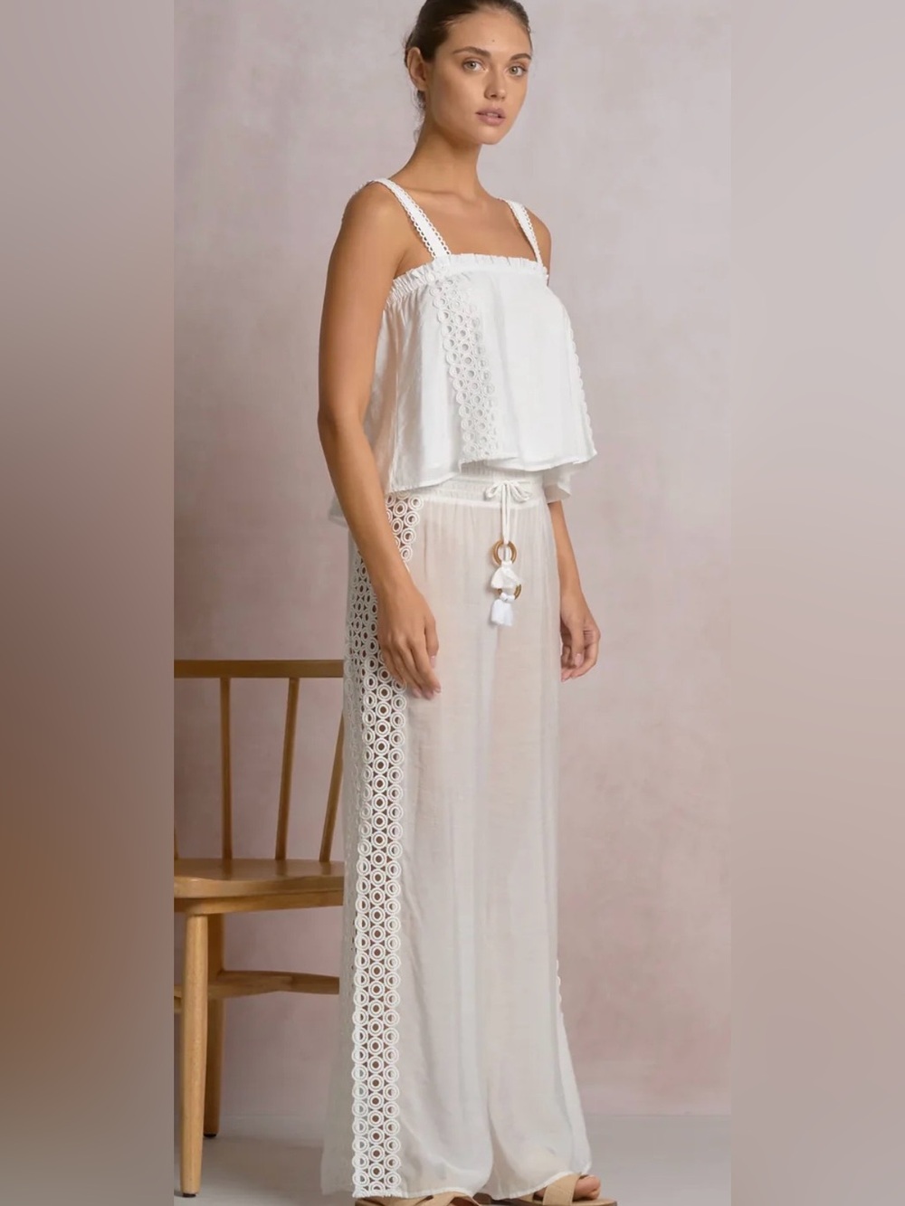 Elan white Wide-Leg Crochet-Trim Drawstring Pants with sleeveless crochet top